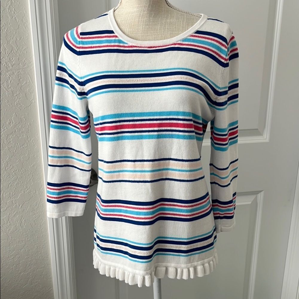 Talbots White and Multicolor Striped Sweater Ruffle Bottom